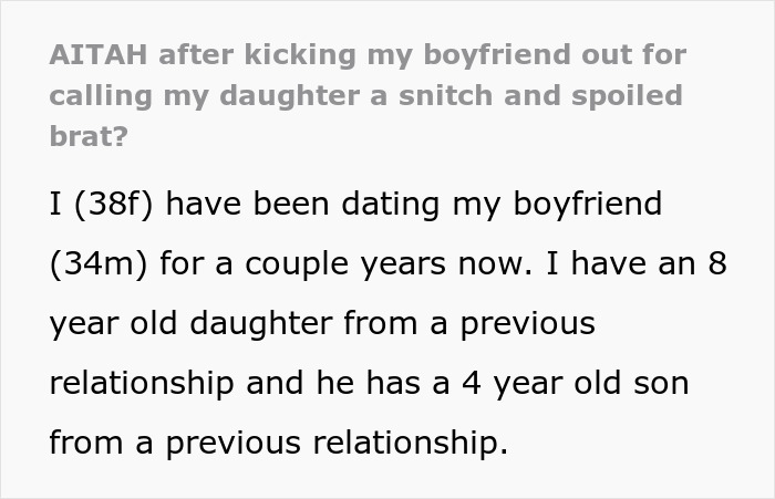 Text excerpt discussing a mother dating her boyfriend and issues involving her daughter being called a snitch.