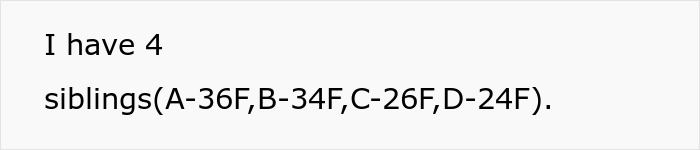 Text showing a person listing their four siblings with ages and genders, related to a woman suing half-brother over family health fund use.