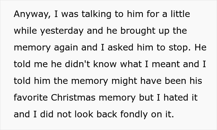 Text excerpt discussing a selfish dad demanding an apology from daughter after ruining her Christmas memory.