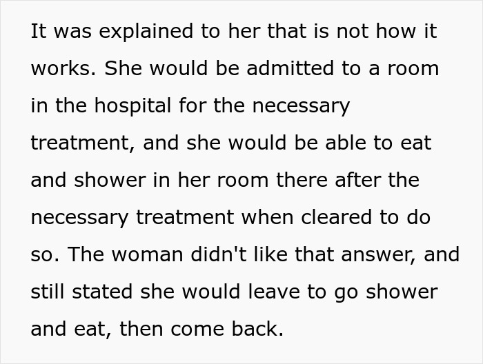 Text explaining hospital rules to a Karen patient who disagrees and threatens to leave before treatment is complete. Text explaining hospital rules to a Karen patient who disagrees and threatens to leave before treatment is complete.