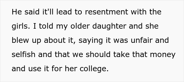 Text excerpt discussing resentment and choosing a nose job over kids college funds causing family conflict. Text excerpt discussing resentment and choosing a nose job over kids college funds causing family conflict.