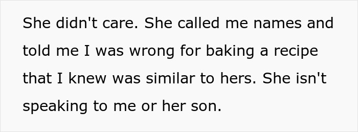 Text on a plain background describing a conflict where a woman bakes her boyfriend&rsquo;s mom&rsquo;s secret cookies recipe causing tension.