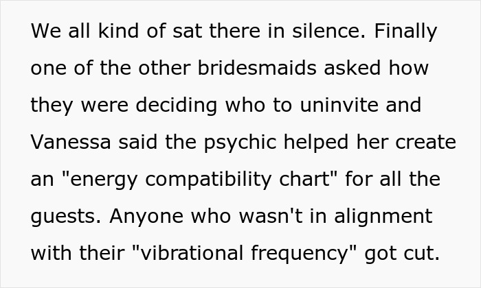 Text excerpt describing a spiritual bride using a psychic’s energy compatibility chart to uninvite guests before her wedding.