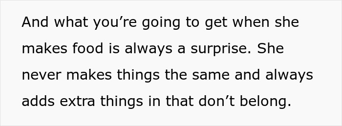 Text excerpt about unpredictable cooking, highlighting hazardous food making a pregnant woman want to skip Thanksgiving dinner. Text excerpt about unpredictable cooking, highlighting hazardous food making a pregnant woman want to skip Thanksgiving dinner.