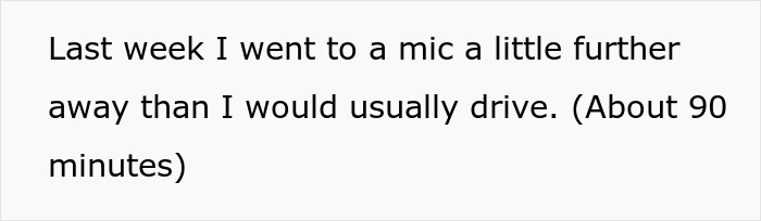 Text image showing a person describing a trip to a mic about 90 minutes away, related to caretaker frustration and guilt trips. Text image showing a person describing a trip to a mic about 90 minutes away, related to caretaker frustration and guilt trips.