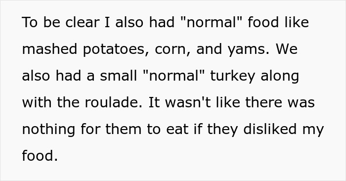 Text excerpt about Thanksgiving dinner food choices, highlighting in-laws making fun of a woman's meal.