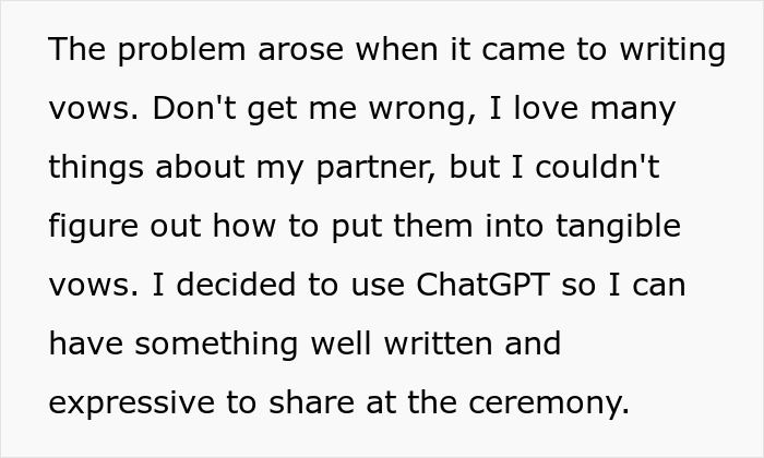 Man explains using ChatGPT to write wedding vows but faces issues when bride runs away from the altar during the ceremony. Man explains using ChatGPT to write wedding vows but faces issues when bride runs away from the altar during the ceremony.
