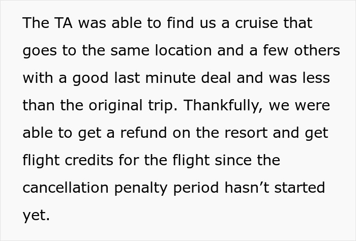 Text about a travel agent finding a last minute cruise deal and getting refunds and flight credits after cancellation. Text about a travel agent finding a last minute cruise deal and getting refunds and flight credits after cancellation.