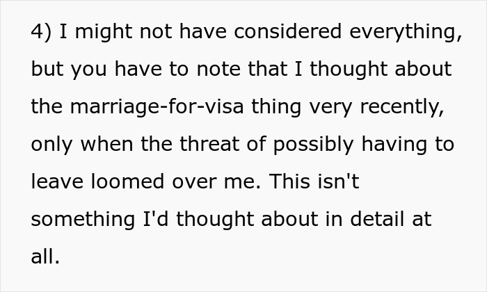 Text excerpt discussing thoughts on marriage-for-visa amid the threat of leaving US for new life in France. Text excerpt discussing thoughts on marriage-for-visa amid the threat of leaving US for new life in France.