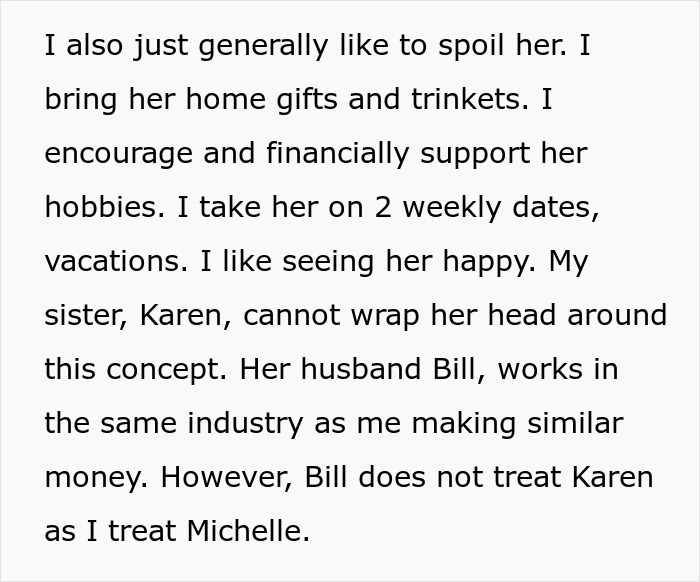 Text about guy's affection for his sick wife and sister's annoyance over husband’s behavior and relationship struggles.