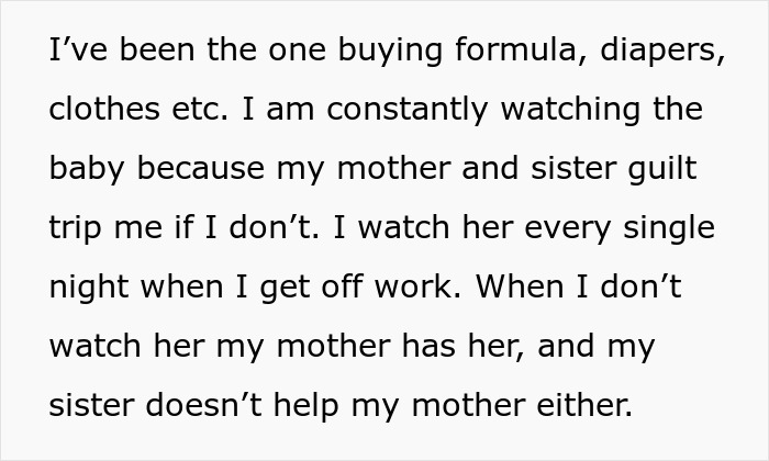 Text describing a teenager buying formula and diapers, watching the baby every night, feeling pressured by family. Text describing a teenager buying formula and diapers, watching the baby every night, feeling pressured by family.
