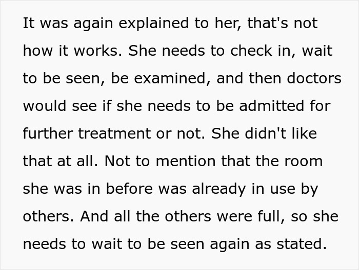 Text explaining ER procedures to Karen patient refusing to follow hospital rules, causing conflict with staff. Text explaining ER procedures to Karen patient refusing to follow hospital rules, causing conflict with staff.