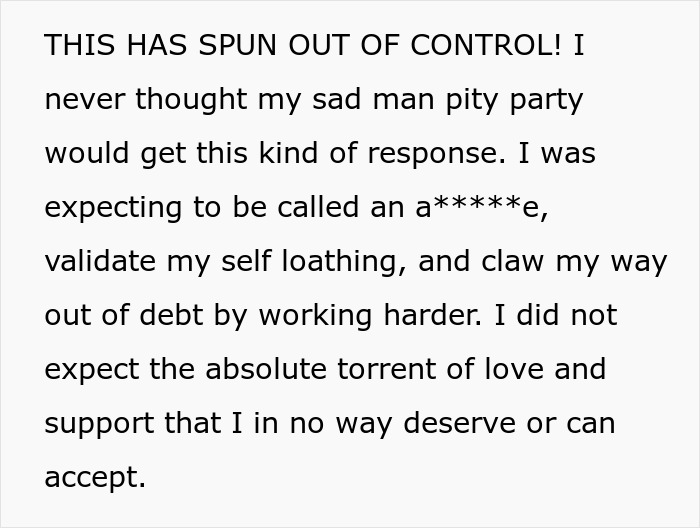 Text excerpt from a father explaining his feelings about canceling Christmas due to financial struggles and seeking support.