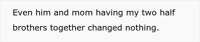 Text image with a statement about family dynamics involving stepdad, mom, and two half brothers. Text image with a statement about family dynamics involving stepdad, mom, and two half brothers.