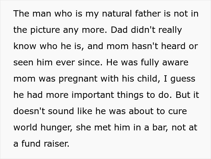Text describing a mom’s affair, absence of natural father, and dad’s lack of involvement with college money issues. Text describing a mom’s affair, absence of natural father, and dad’s lack of involvement with college money issues.