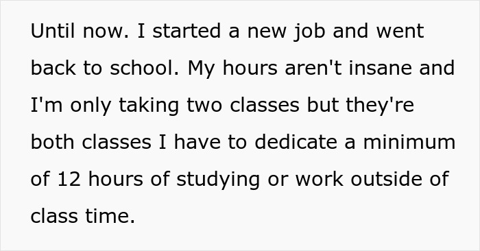 Text discussing a woman starting a new job and school, balancing work, study hours, and free babysitting expectations.