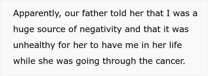 Text on screen about a father calling his daughter a source of negativity during her cancer battle in a family dispute context. Text on screen about a father calling his daughter a source of negativity during her cancer battle in a family dispute context.