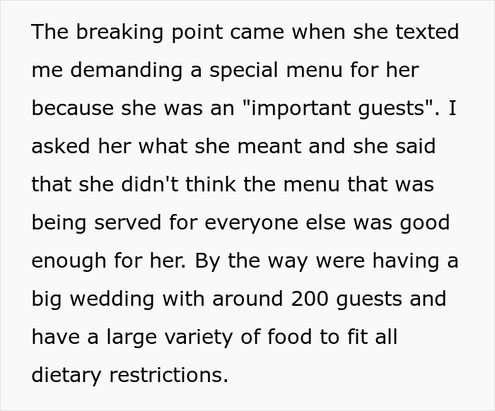 Text excerpt from a bride explaining her controlling mother-in-law demanding a special wedding meal different from other guests.