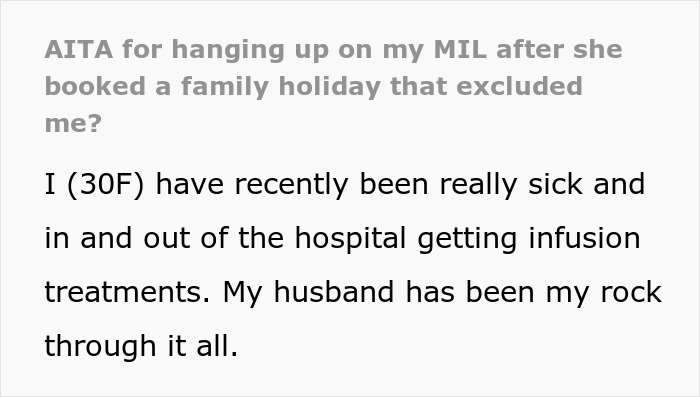 Text excerpt about a woman purposely excluded from family holiday due to being sick, causing conflict with her mother-in-law.
