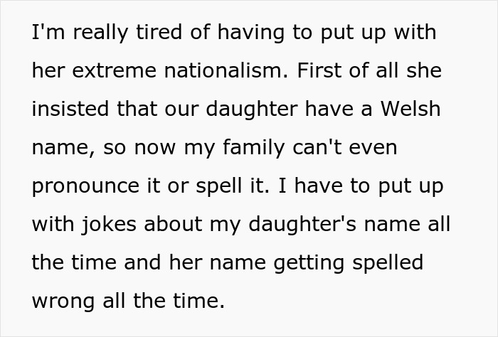 Text excerpt showing a dad frustrated with his daughter's Welsh name and banning her from using mom’s native language. Text excerpt showing a dad frustrated with his daughter's Welsh name and banning her from using mom’s native language.