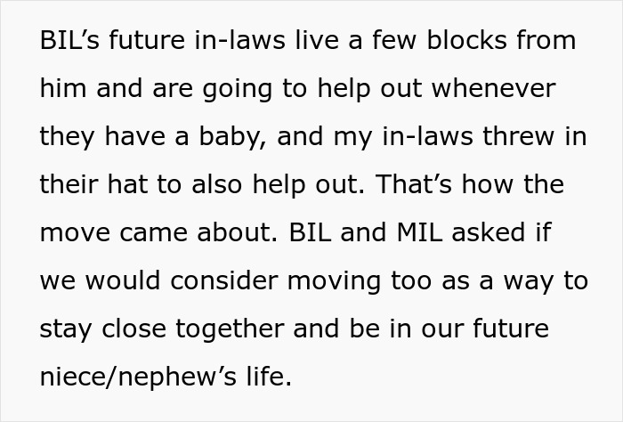 Text excerpt about in-laws helping with a baby and moving closer to support family during holidays and illness.
