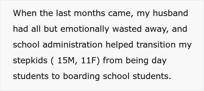 Text excerpt about woman asking stepchildren about transitioning to boarding school with emotional family context. Text excerpt about woman asking stepchildren about transitioning to boarding school with emotional family context.