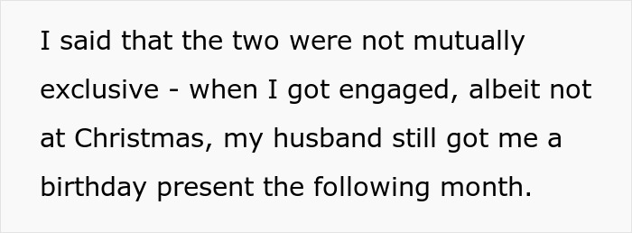 Text discussing a man who thinks his proposal counts as a Christmas gift, receiving a reality check. Text discussing a man who thinks his proposal counts as a Christmas gift, receiving a reality check.