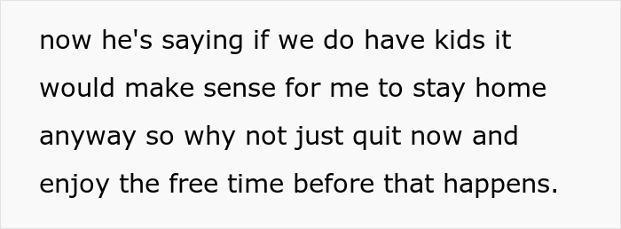 Text excerpt about a woman refusing to quit her job after husband’s promotion amid gender roles discussion.