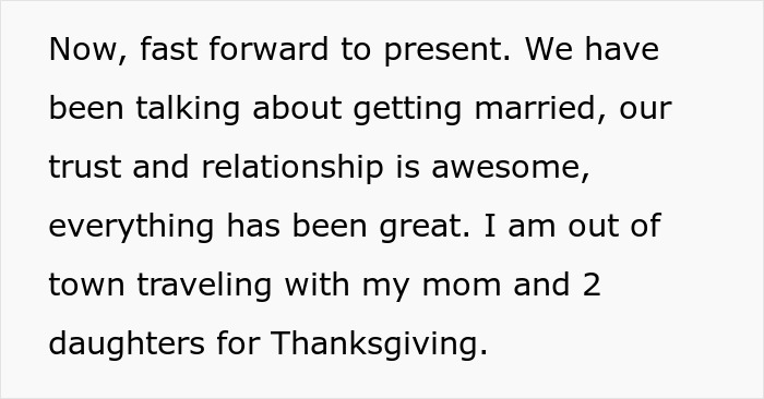 Text excerpt describing a woman traveling with her mom and daughters on vacation, mentioning trust in relationship and boyfriend cheating. Text excerpt describing a woman traveling with her mom and daughters on vacation, mentioning trust in relationship and boyfriend cheating.