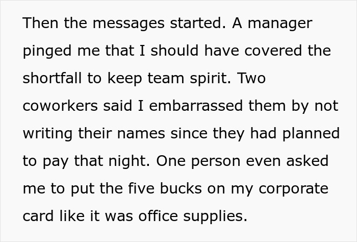 Text excerpt from a coworker about Venmo ghosting and disputes over birthday payment contributions at work. Text excerpt from a coworker about Venmo ghosting and disputes over birthday payment contributions at work.