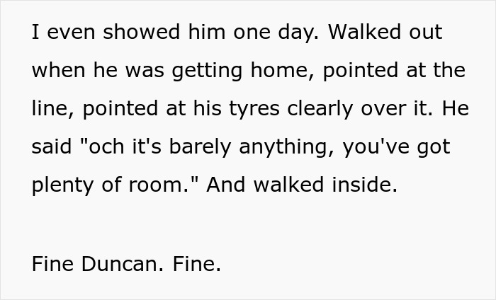 Text conversation showing frustration over a male Karen refusing to park his car properly despite neighbor warnings.