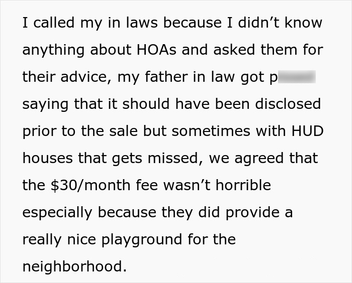 Text excerpt discussing HOA fees, disclosure issues in home sales, and neighborhood playground benefits with HOA president conflict context. Text excerpt discussing HOA fees, disclosure issues in home sales, and neighborhood playground benefits with HOA president conflict context.