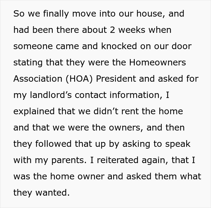 Text describing a man confronting a stalkerish HOA president after moving into his new house. Text describing a man confronting a stalkerish HOA president after moving into his new house.