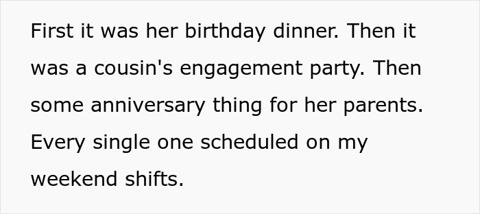 Text excerpt describing family events being scheduled on workdays by future MIL, causing her to stop attending. Text excerpt describing family events being scheduled on workdays by future MIL, causing her to stop attending.