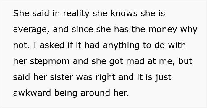 Excerpt of text describing personal feelings and tensions, illustrating refusing help to recover cosmetic surgery challenges.