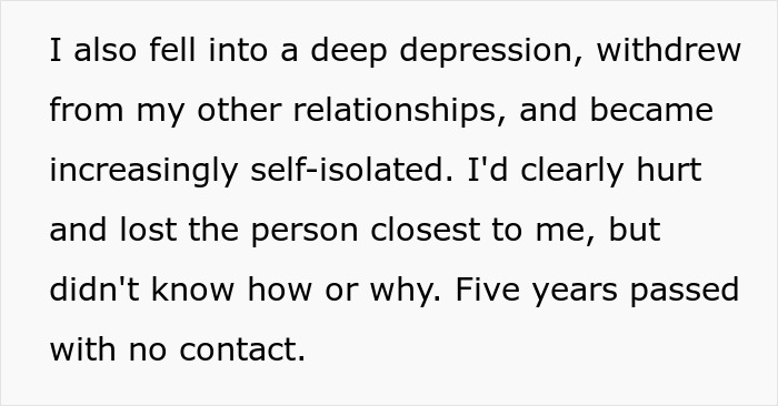 Text describing a person’s deep depression, self-isolation, and no contact with best friend for five years. Text describing a person’s deep depression, self-isolation, and no contact with best friend for five years.