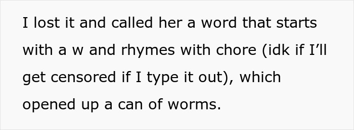 Text from user discussing calling someone a word starting with w that rhymes with chore, leading to conflict in a husband refuses intimacy story.