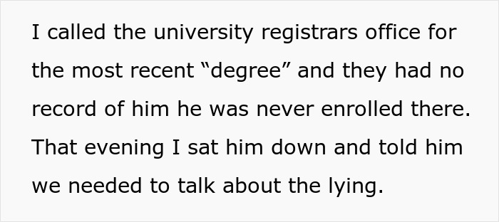 Wife discovers husband lied about getting a master’s degree after checking with university registrar’s office.