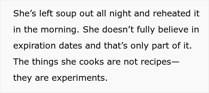 Text discussing hazardous cooking habits by mother-in-law, causing concern for pregnant woman about Thanksgiving safety. Text discussing hazardous cooking habits by mother-in-law, causing concern for pregnant woman about Thanksgiving safety.