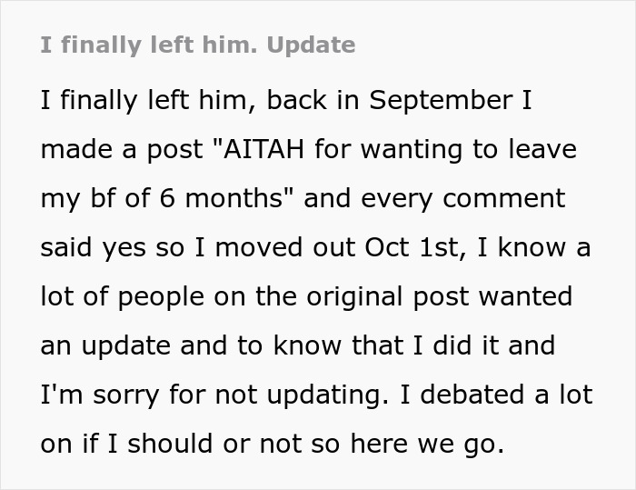 Text post update about leaving boyfriend after realizing relationship was more about nanny with benefits than partnership.