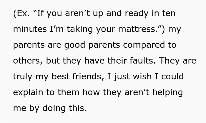 Text excerpt about parents removing mattress to address daughter's depression, calling her lazy for sleeping in.