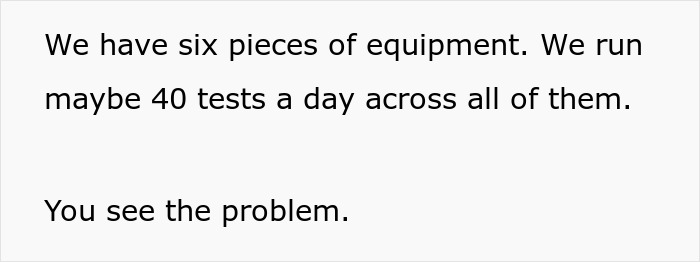 Text screenshot showing a statement about running 40 tests daily on six pieces of equipment highlighting a workplace problem. Text screenshot showing a statement about running 40 tests daily on six pieces of equipment highlighting a workplace problem.