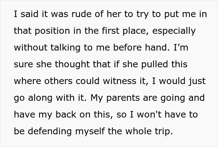 Text excerpt from a family conflict story about a childfree cousin refusing to watch kids during vacation.