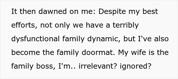 Text excerpt describing a man reflecting on his dysfunctional family dynamic and feeling like a family doormat.