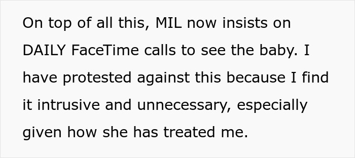 Text excerpt about MIL demanding daily FaceTime calls to see baby during new mom’s recovery, reflecting cultural heritage conflict.
