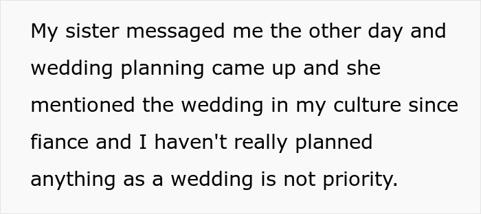 Text discussing sister wedding money culture, highlighting differences in wedding planning priorities and cultural views.