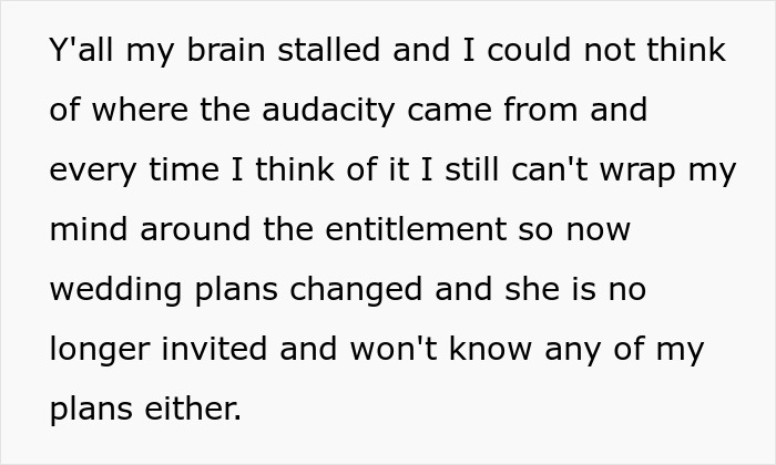 Text describing a sister wedding money culture conflict involving entitlement leading to changed wedding plans and exclusion.