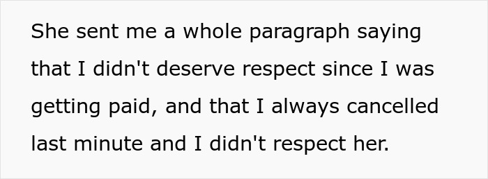 Text message discussing respect and last-minute cancellations related to free babysitting expectations between sisters.