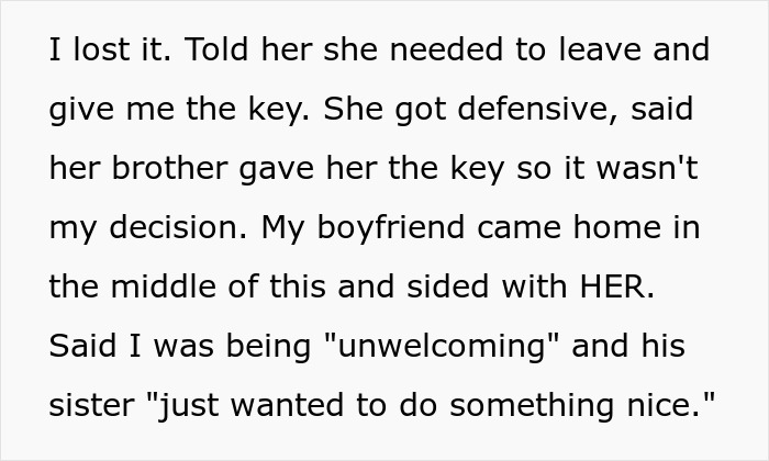 Text excerpt showing a boyfriend siding with his sister after she was secretly given a key to his girlfriend’s house.