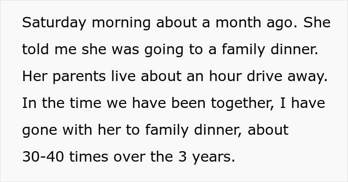 Text excerpt showing a man’s account of his girlfriend lying about attending family dinners before going clubbing. Text excerpt showing a man’s account of his girlfriend lying about attending family dinners before going clubbing.